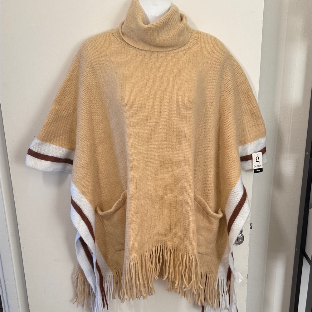 Cozy Tan Turtleneck Sweater Poncho